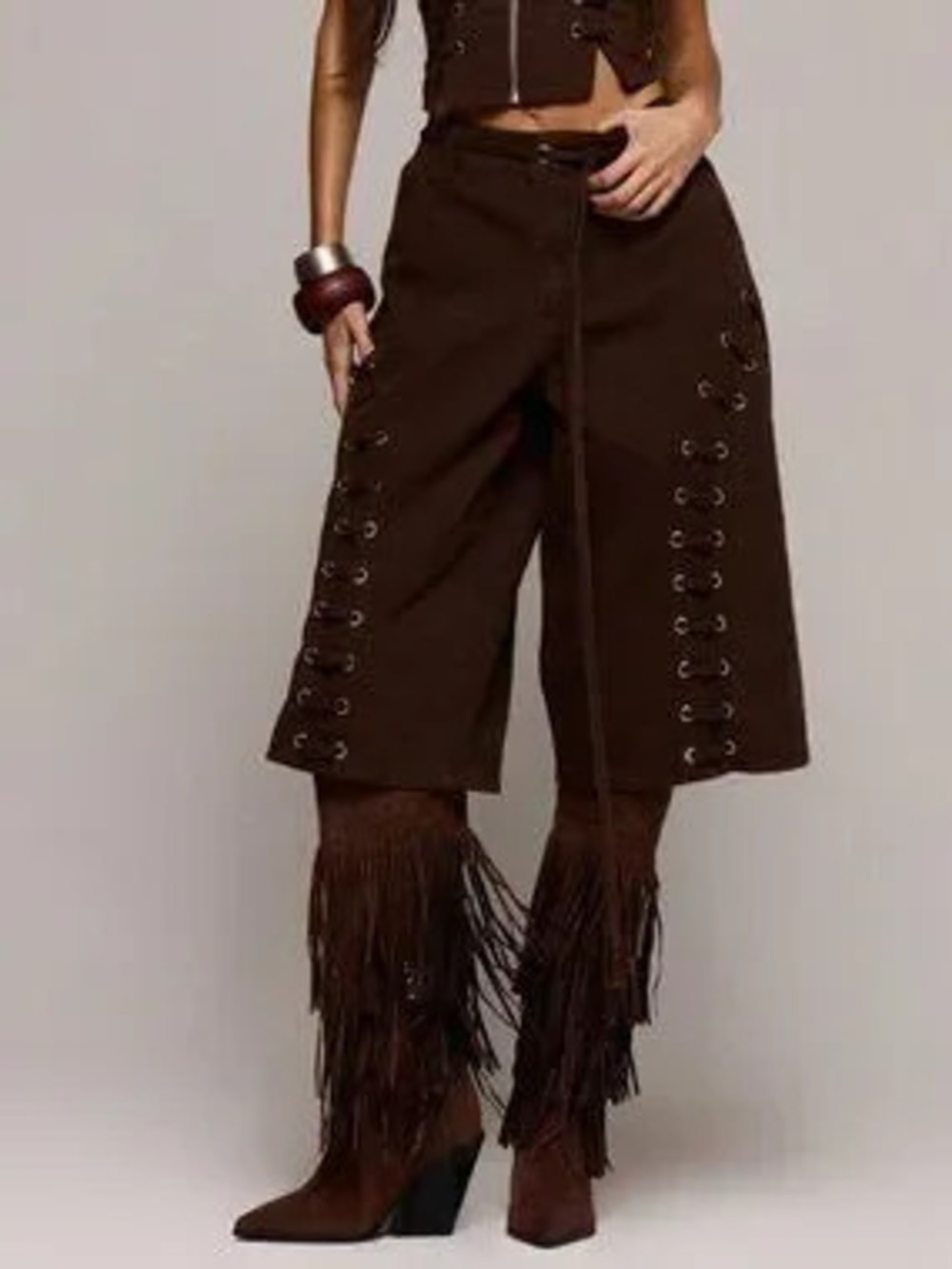 Chocolate Brown Casual Women Eyelet Lace Up Loose Fit Denim Jorts bermuda shorts